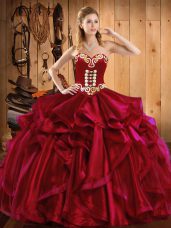 Fabulous Wine Red Sleeveless Embroidery and Ruffles Floor Length Quinceanera Dress