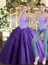 Affordable Purple Tulle Lace Up Sweetheart Sleeveless Floor Length 15 Quinceanera Dress Beading