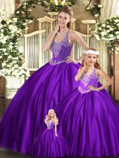Straps Sleeveless Sweet 16 Dresses Floor Length Beading Purple Organza