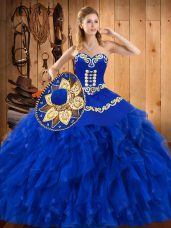 Chic Sweetheart Sleeveless Quince Ball Gowns Floor Length Embroidery and Ruffles Blue Satin and Organza