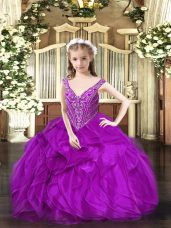 Enchanting Purple Ball Gowns V-neck Sleeveless Organza Floor Length Lace Up Beading and Ruffles Glitz Pageant Dress