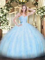 Enchanting Sleeveless Floor Length Beading and Ruffles Lace Up Vestidos de Quinceanera with Light Blue