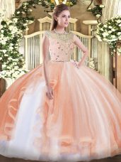 Bateau Sleeveless Ball Gown Prom Dress Floor Length Beading and Ruffles Peach Tulle