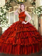 Wine Red Sleeveless Organza Clasp Handle Quince Ball Gowns for Military Ball and Sweet 16 and Quinceanera
