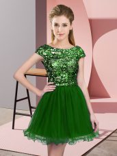 High Class Tulle Scoop Cap Sleeves Zipper Sequins Bridesmaid Gown in Green