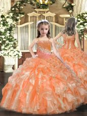 Orange Ball Gowns Organza Straps Sleeveless Beading and Sequins Floor Length Lace Up Little Girl Pageant Gowns