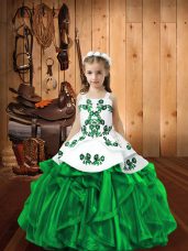 Sleeveless Floor Length Embroidery and Ruffles Lace Up Kids Pageant Dress with Green