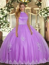 Lilac Tulle Backless Quince Ball Gowns Sleeveless Floor Length Beading and Appliques