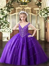 Beading and Appliques Little Girls Pageant Dress Purple Lace Up Sleeveless Floor Length