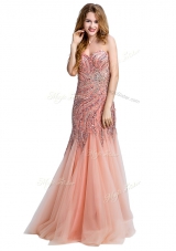 Mermaid Peach Tulle Side Zipper One Shoulder Sleeveless Floor Length Dress for Prom Beading