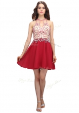 Mini Length Red Dress for Prom Chiffon Sleeveless Beading
