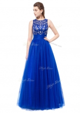 Scoop Beading Prom Party Dress Royal Blue Backless Sleeveless Floor Length