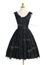 Custom Made Black A-line Lace V-neck Sleeveless Lace Knee Length Zipper Prom Party Dress