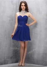 Sumptuous High-neck Sleeveless Prom Dresses Mini Length Beading Navy Blue Chiffon