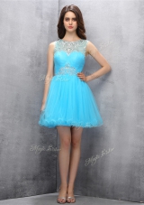 Top Selling Blue Scoop Zipper Beading Prom Party Dress Sleeveless