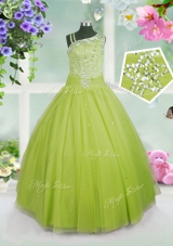 Apple Green Ball Gowns Beading Little Girls Pageant Dress Side Zipper Tulle Sleeveless Floor Length