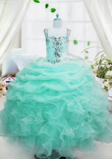 Baby Blue Ball Gowns Organza Straps Sleeveless Beading and Ruffles and Pick Ups Floor Length Lace Up Kids Pageant Dress