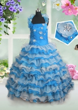 Beauteous Beading and Appliques and Ruffled Layers Kids Pageant Dress Baby Blue Lace Up Sleeveless Floor Length