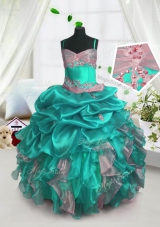 Pick Ups Turquoise Sleeveless Organza Lace Up Kids Formal Wear for Party and Wedding Party