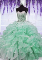 Eye-catching Apple Green Ball Gowns Organza Sweetheart Sleeveless Beading and Ruffles Floor Length Lace Up 15 Quinceanera Dress