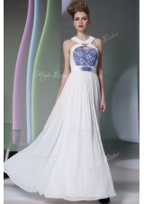 Halter Top White Sleeveless Floor Length Beading and Embroidery Zipper Prom Dresses