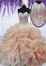 Trendy Peach Ball Gowns Organza Sweetheart Sleeveless Beading and Ruffles Floor Length Lace Up Sweet 16 Dresses