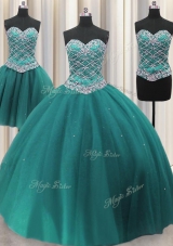 Traditional Three Piece Beading and Sequins Sweet 16 Quinceanera Dress Teal Lace Up Sleeveless Floor Length