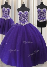 Trendy Three Piece Sweetheart Sleeveless Tulle 15 Quinceanera Dress Beading and Sequins Lace Up
