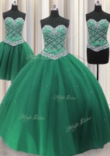 Comfortable Three Piece Green Ball Gowns Beading and Ruffles Sweet 16 Quinceanera Dress Lace Up Tulle Sleeveless Floor Length