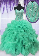 Beading and Ruffles Quinceanera Gowns Turquoise Lace Up Sleeveless Floor Length