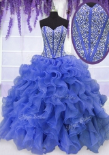 Sexy Beading and Ruffles 15 Quinceanera Dress Royal Blue Lace Up Sleeveless Floor Length