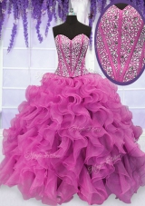 Spectacular Hot Pink Ball Gowns Beading and Ruffles Vestidos de Quinceanera Lace Up Organza Sleeveless Floor Length