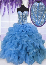 Superior Baby Blue Ball Gowns Beading and Ruffles Quince Ball Gowns Lace Up Organza Sleeveless Floor Length