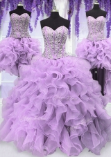 Chic Four Piece Floor Length Lace Up Sweet 16 Quinceanera Dress Lavender and In for Military Ball and Sweet 16 and Quinceanera with Ruffles and Sequins