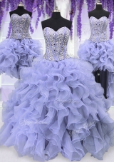 Exquisite Four Piece Lavender Sweetheart Neckline Ruffles and Sequins Vestidos de Quinceanera Sleeveless Lace Up