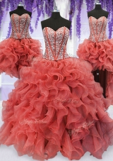 Four Piece Organza Sweetheart Sleeveless Lace Up Beading and Ruffles Sweet 16 Dress in Coral Red