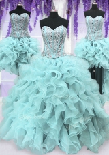 Four Piece Ruffles and Sequins Sweet 16 Dresses Light Blue Lace Up Sleeveless Floor Length