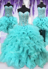 Nice Four Piece Sequins Floor Length Ball Gowns Sleeveless Aqua Blue Quinceanera Gown Lace Up