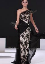 One Shoulder Black Cap Sleeves Chiffon Brush Train Side Zipper Prom Dress for Prom and Party