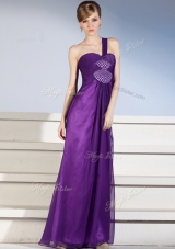 One Shoulder Floor Length Purple Homecoming Dress Chiffon Sleeveless Ruching and Bowknot