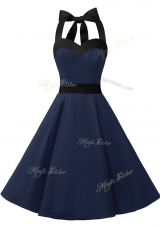 Top Selling Halter Top Sleeveless Dress for Prom Knee Length Sashes|ribbons Navy Blue Chiffon