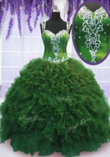 High Quality Straps Straps Floor Length Zipper Quinceanera Gowns Green and In for Military Ball and Sweet 16 and Quinceanera with Beading and Ruffles