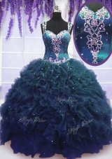 Tulle Straps Sleeveless Zipper Beading and Ruffles Quinceanera Gowns in Navy Blue