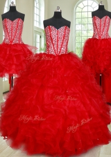 Charming Four Piece Sleeveless Organza Floor Length Lace Up Quinceanera Dress in Red for with Beading and Ruffles