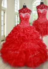 Clearance Three Piece High-neck Sleeveless Quinceanera Gown Floor Length Beading and Ruffles and Pick Ups Red Organza