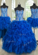 Four Piece Royal Blue Sweet 16 Dresses Military Ball and Sweet 16 and Quinceanera and For with Beading and Ruffles Sweetheart Sleeveless Lace Up