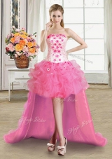 Attractive Rose Pink Lace Up Strapless Beading and Appliques and Ruffles Pageant Dress Organza Sleeveless