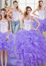 Captivating Four Piece Ball Gowns 15th Birthday Dress Lavender Straps Organza Sleeveless Floor Length Lace Up