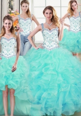 Four Piece Straps Straps Floor Length Lace Up 15th Birthday Dress Aqua Blue and In for Military Ball and Sweet 16 and Quinceanera with Beading and Lace and Ruffles
