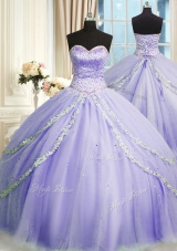 Amazing With Train Lavender Quince Ball Gowns Tulle Court Train Sleeveless Beading and Appliques